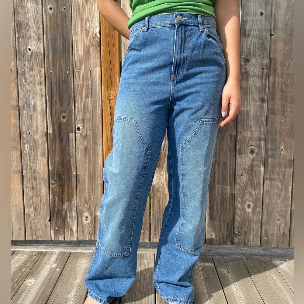 Blue High Rise Cargo Jeans